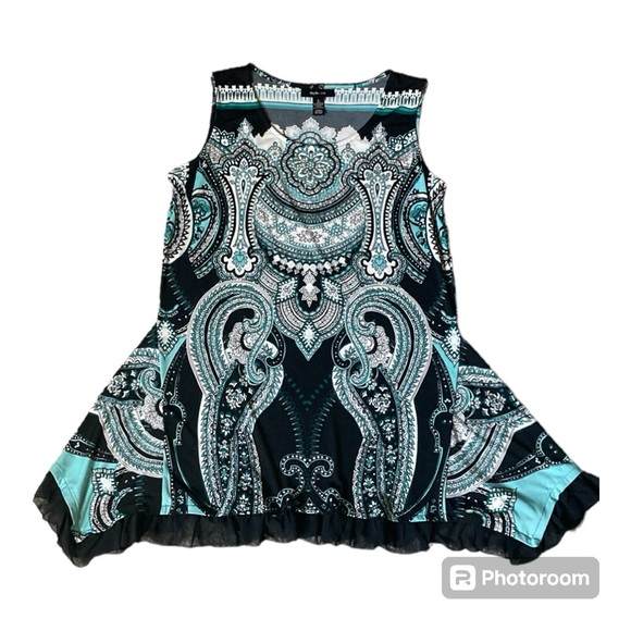 STYLE & CO SLEEVELESS EMBELLISHED ROUND NECK TURQUOISE & BLACK TUNIC SIZE L - Picture 3 of 15
